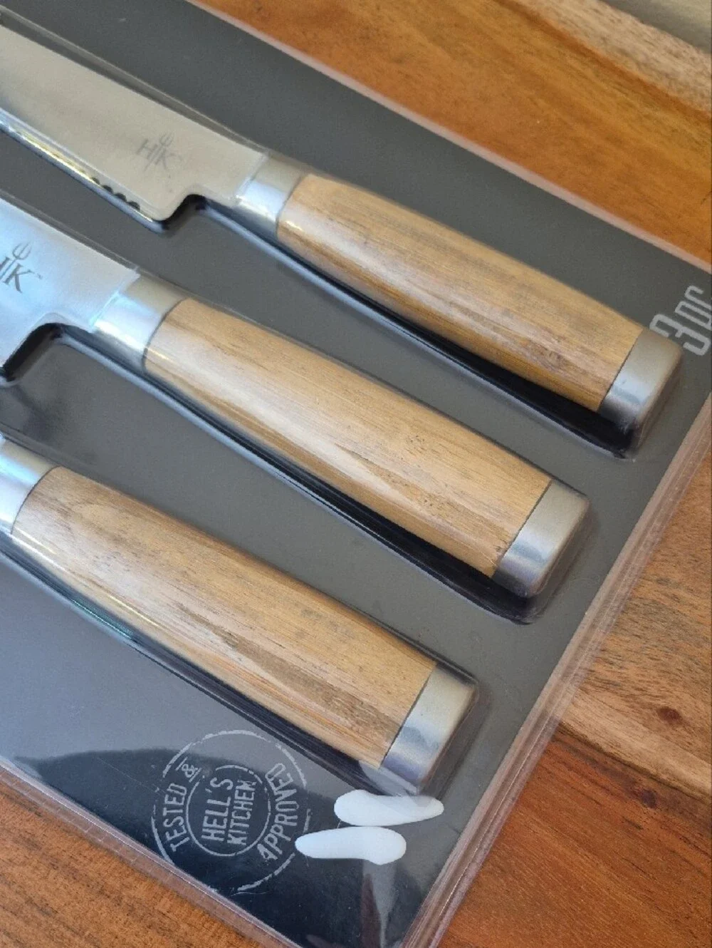 NEW Hell's Kitchen 3-Piece Wood Handle Forged Knife Set
